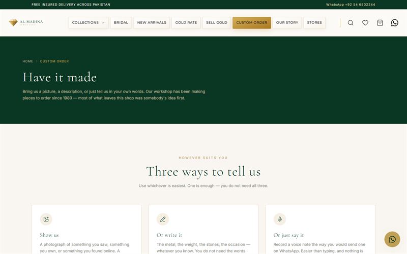 Custom Order page titled “Have it made” with options to show a picture, write a description or record a voice note