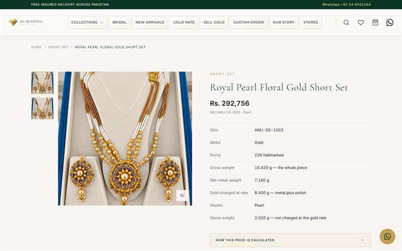 Product page for the Royal Pearl Floral Gold Short Set showing SKU, purity, gross and net weight and stone weight