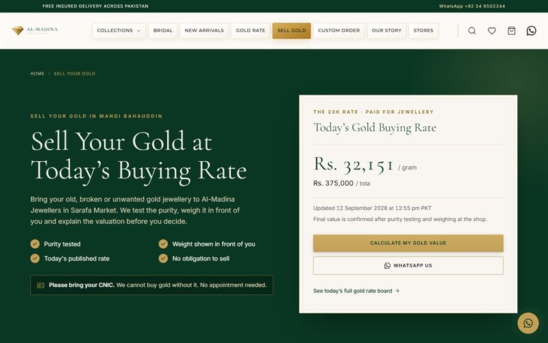 Sell Your Gold page showing today’s gold buying rate per gram and per tola