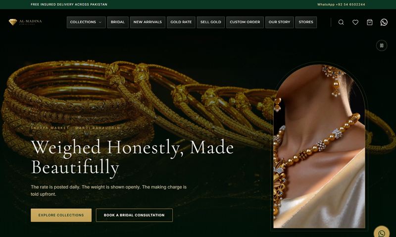 Al-Madina Jewellers homepage with gold bangles, a bridal necklace and the headline “Weighed Honestly, Made Beautifully”