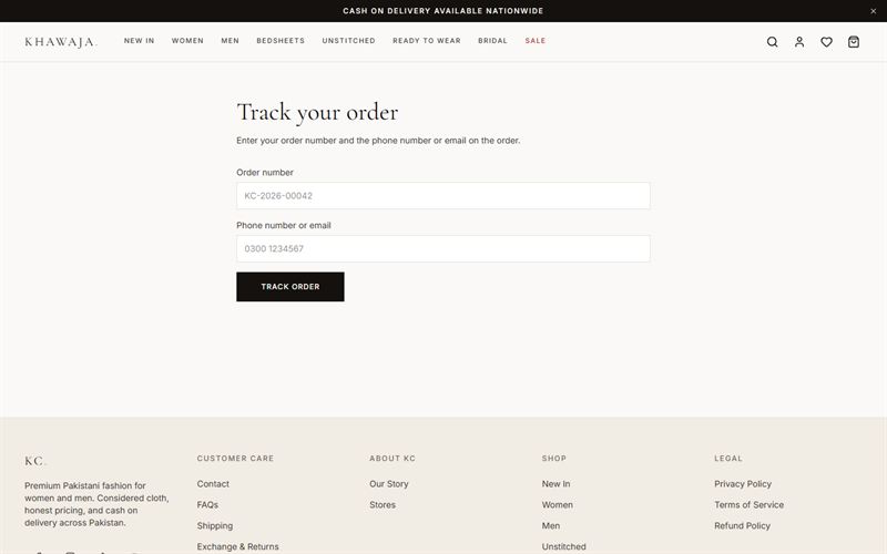 Track your order page asking for an order number and phone number or email