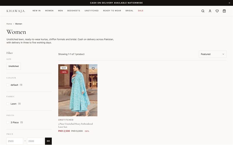 Women’s collection page with filters for size, colour, fabric and pieces